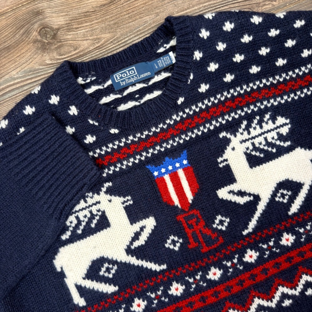 Polo Ralph Lauren Mens Size Large Sweater Navy Blue Reindeer Fair Isle Wool